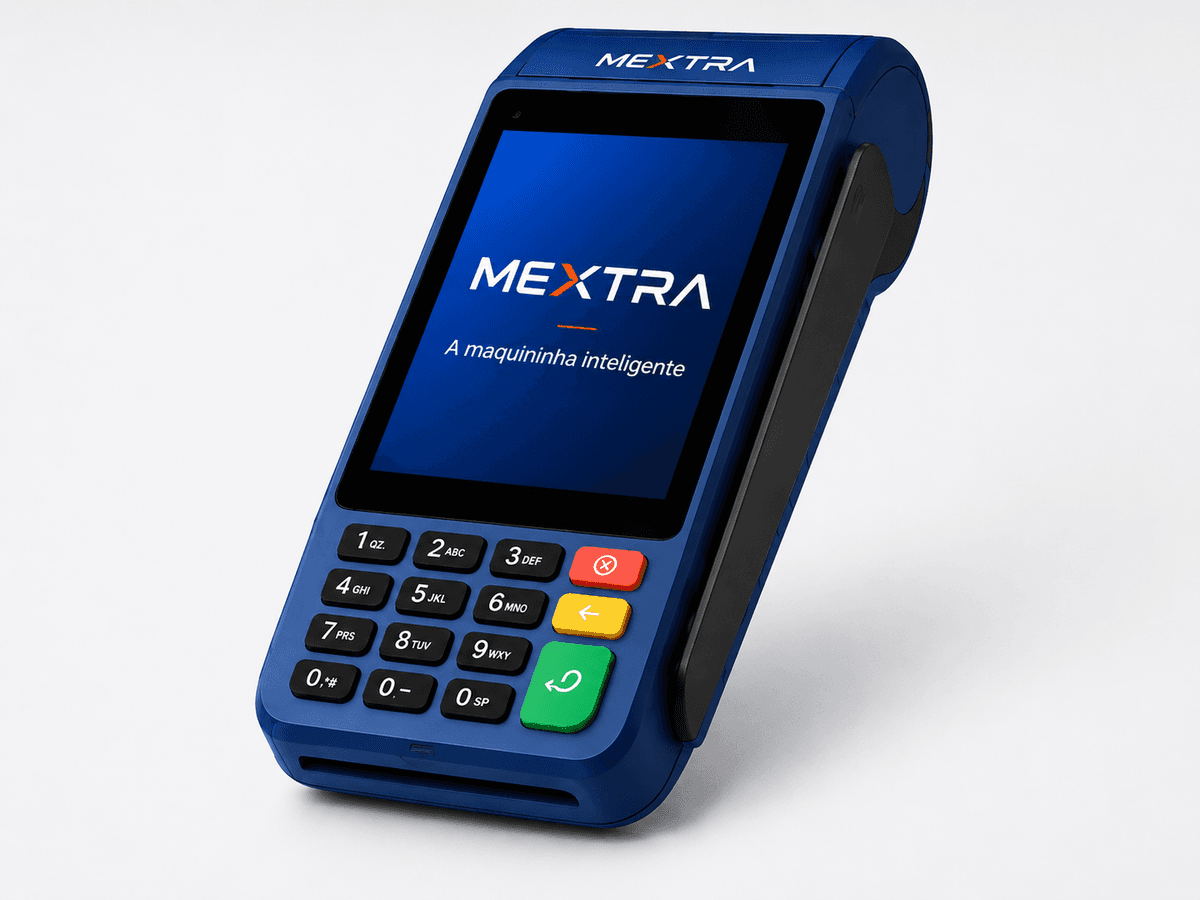 Maquininha Mextra em uso, com tela de pagamento por aproximação
